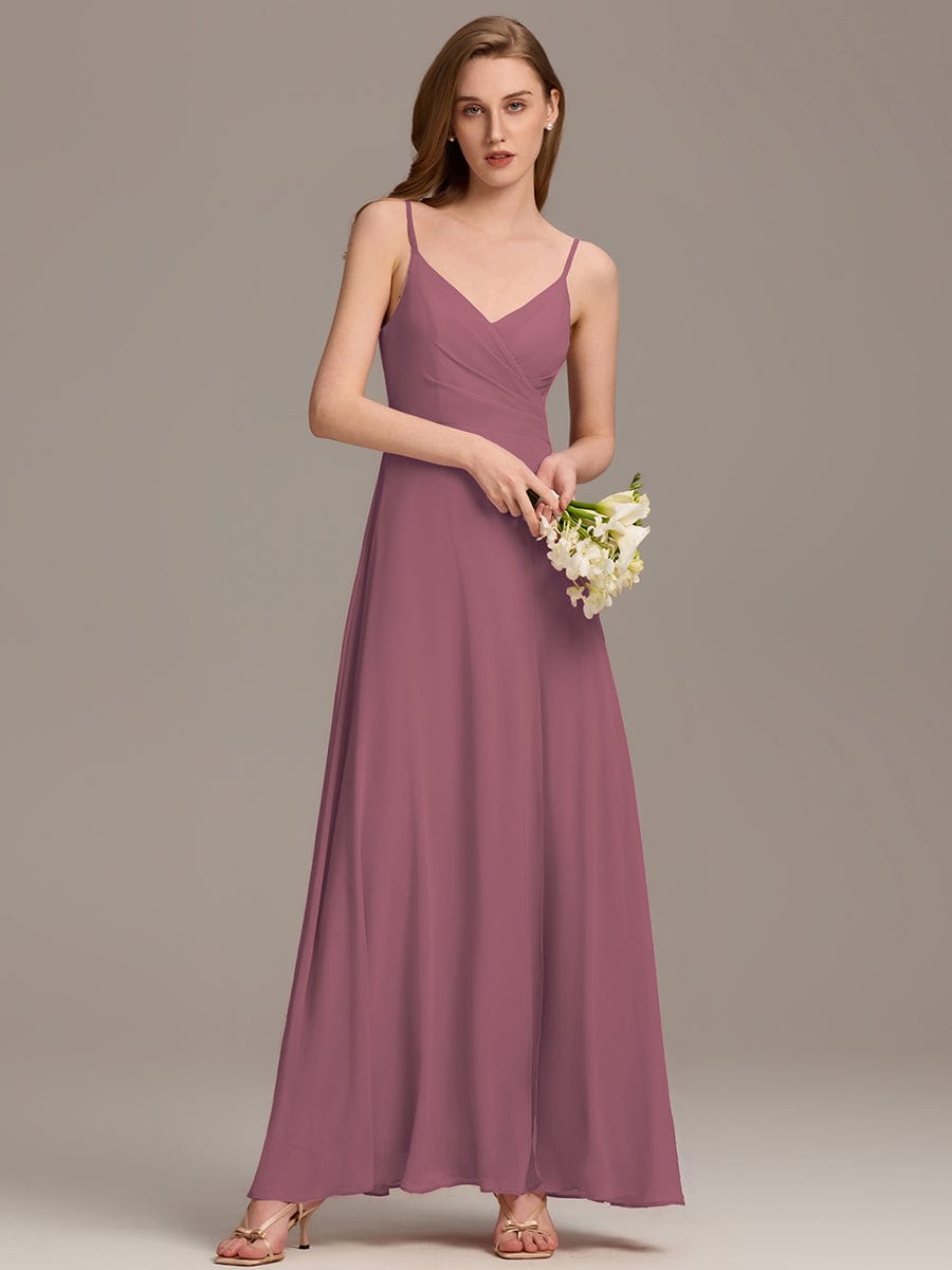 Enchanting V-Neck A-Line High Slit Bridesmaid Dress with Spaghetti Straps