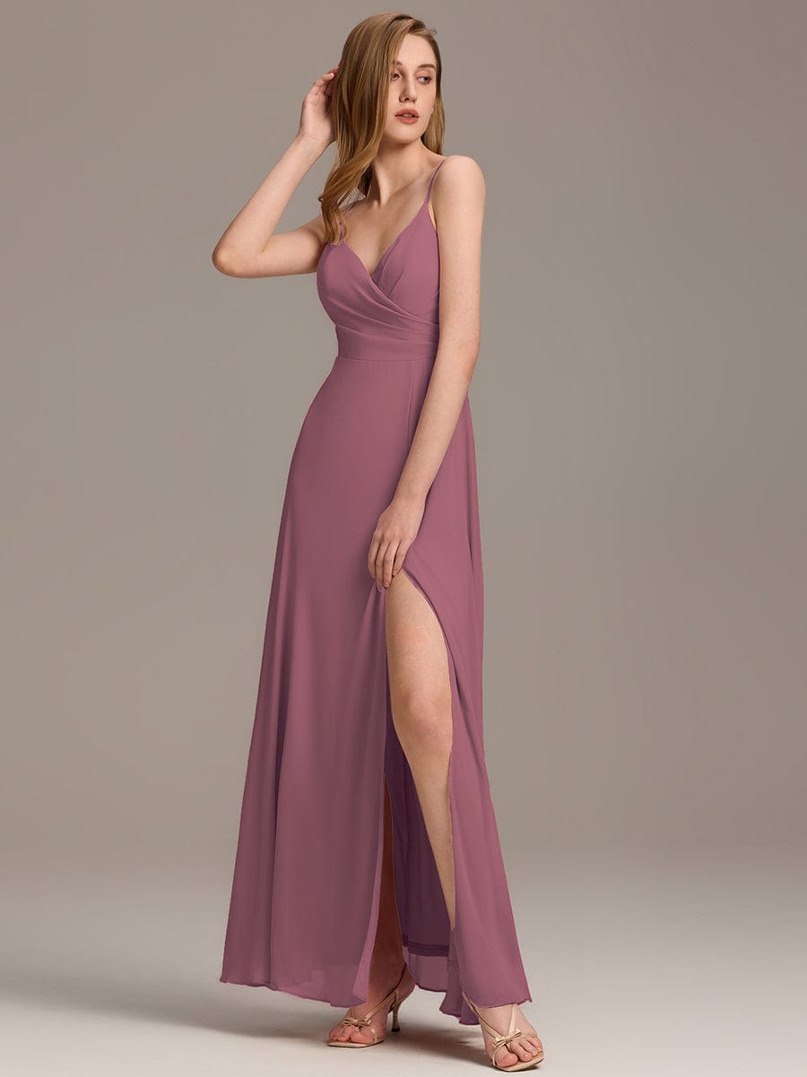 Enchanting V-Neck A-Line High Slit Bridesmaid Dress with Spaghetti Straps