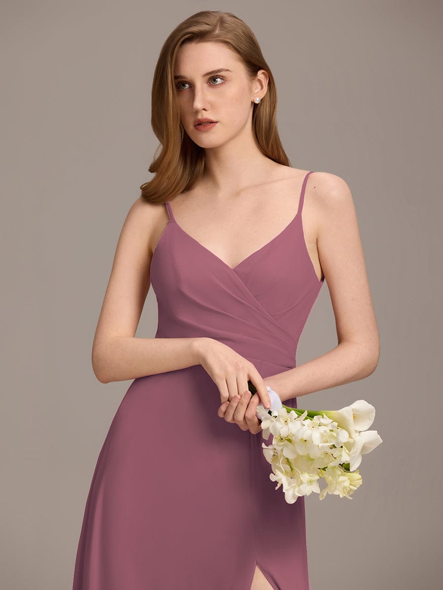 Enchanting V-Neck A-Line High Slit Bridesmaid Dress with Spaghetti Straps