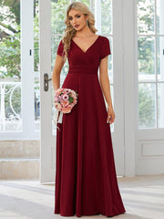 Simple Pleated Empire Waist A-Line Chiffon Bridesmaid Dress with Sleeves