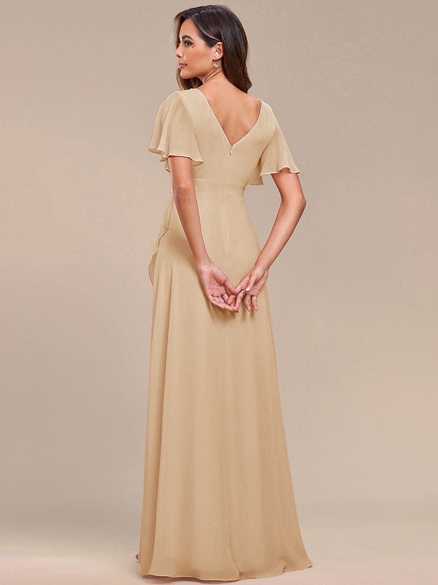 Simple Ruffles Sleeves V-Neck Chiffon Bridesmaid Dress