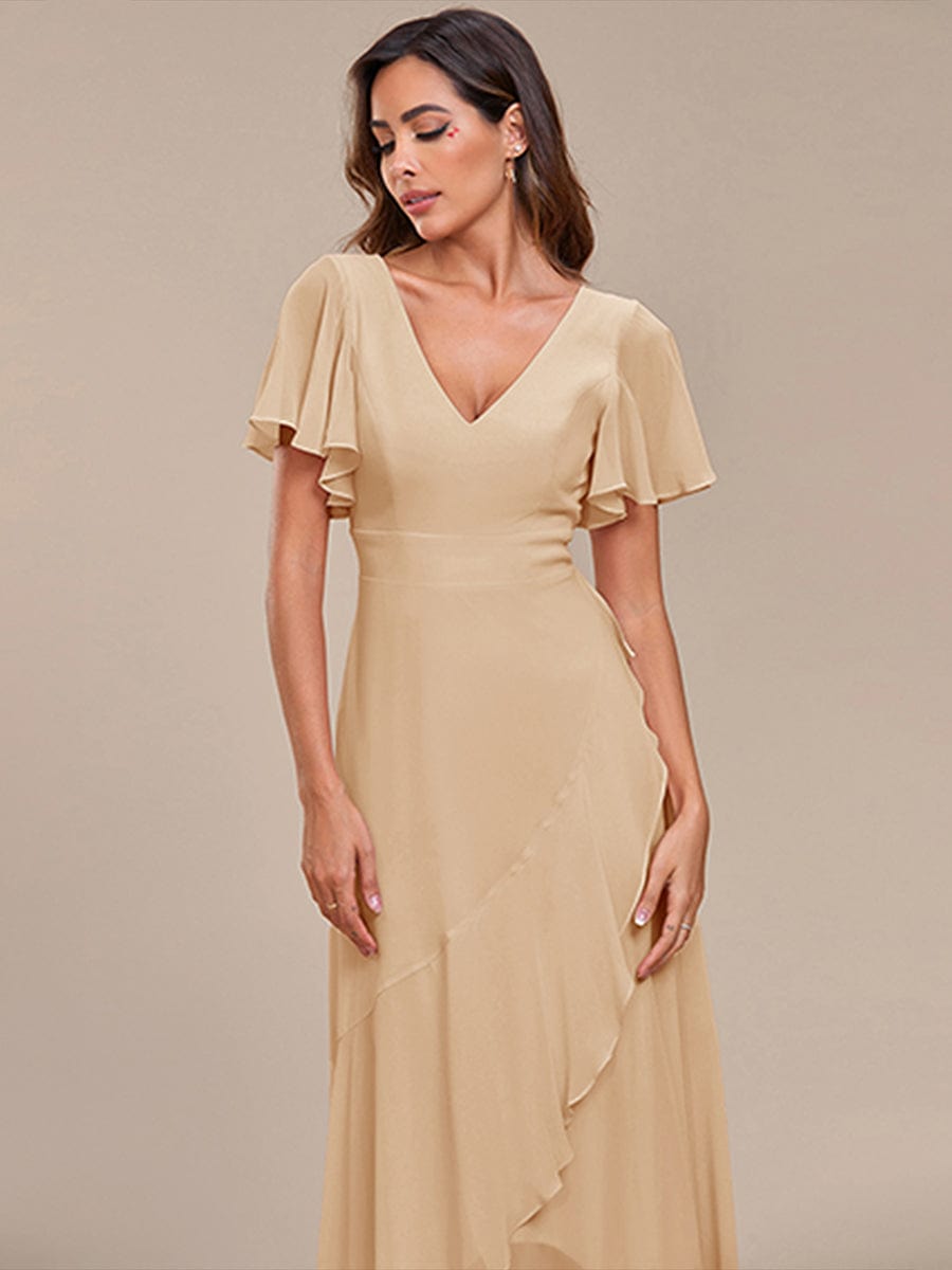 Simple Ruffles Sleeves V-Neck Chiffon Bridesmaid Dress