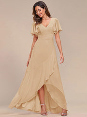 Simple Ruffles Sleeves V-Neck Chiffon Bridesmaid Dress