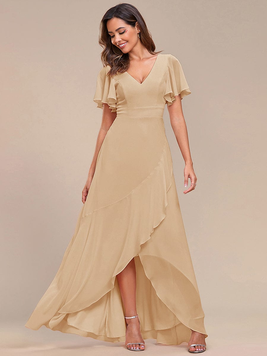 Simple Ruffles Sleeves V-Neck Chiffon Bridesmaid Dress