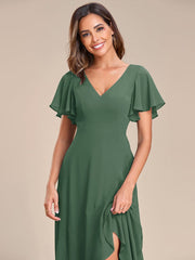 Simple Ruffles Sleeves V-Neck Chiffon Bridesmaid Dress