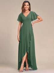 Simple Ruffles Sleeves V-Neck Chiffon Bridesmaid Dress