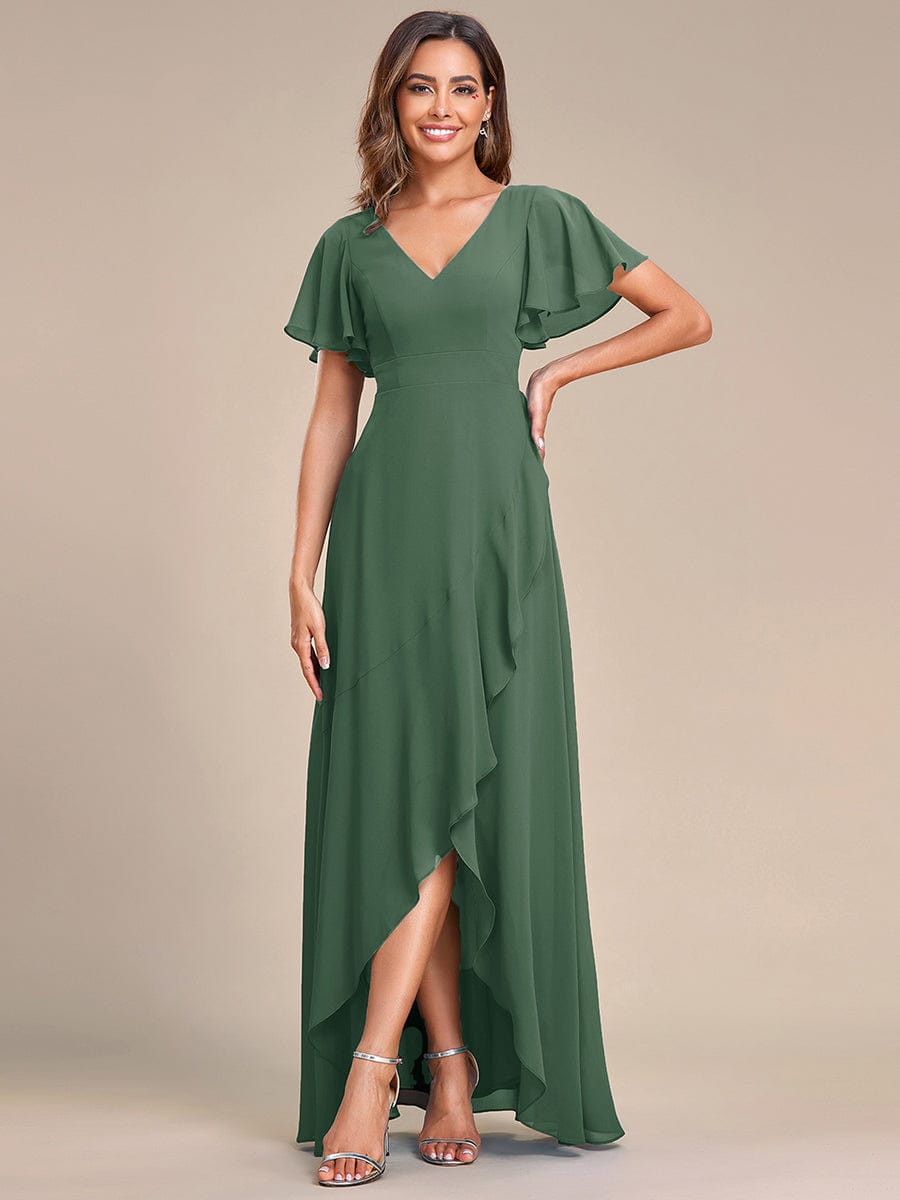 Simple Ruffles Sleeves V-Neck Chiffon Bridesmaid Dress
