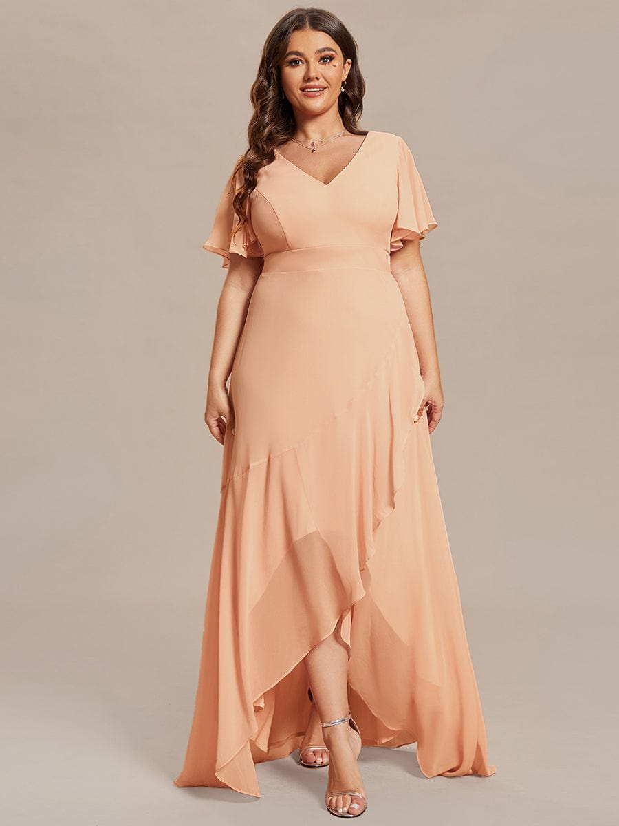 Simple Ruffles Sleeves V-Neck Chiffon Bridesmaid Dress