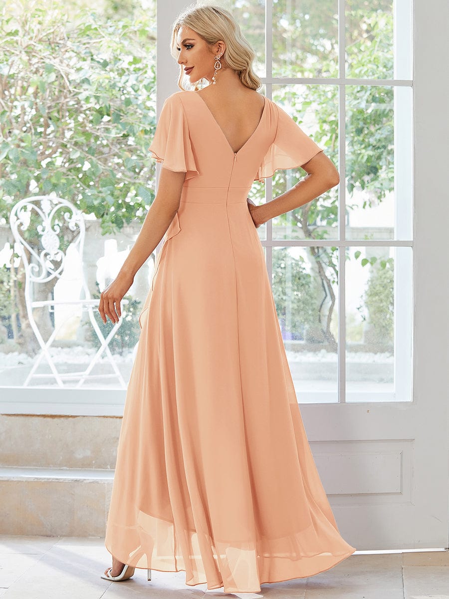 Simple Ruffles Sleeves V-Neck Chiffon Bridesmaid Dress