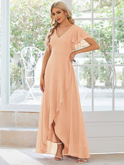 Simple Ruffles Sleeves V-Neck Chiffon Bridesmaid Dress