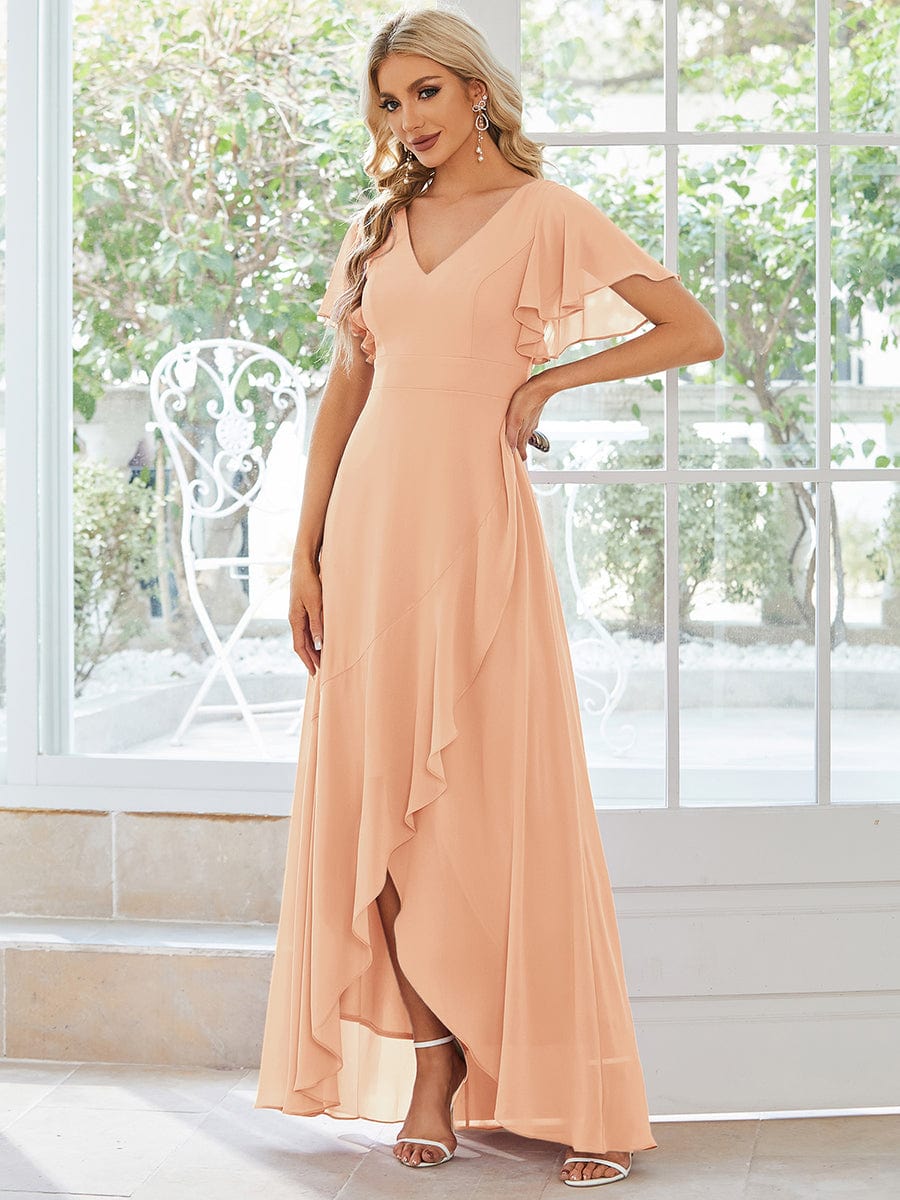 Simple Ruffles Sleeves V-Neck Chiffon Bridesmaid Dress