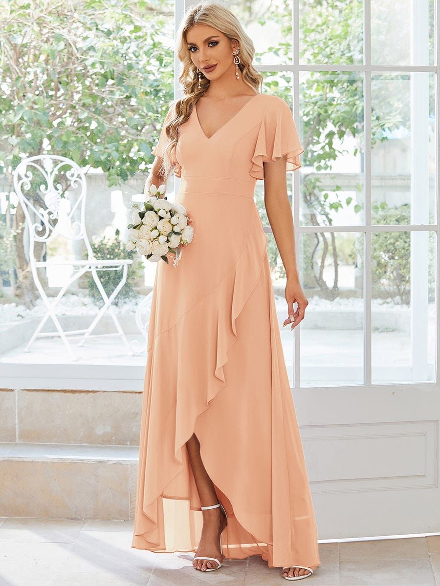 Simple Ruffles Sleeves V-Neck Chiffon Bridesmaid Dress