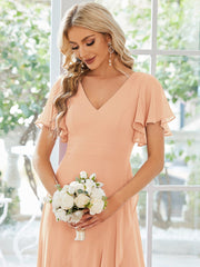 Simple Ruffles Sleeves V-Neck Chiffon Bridesmaid Dress