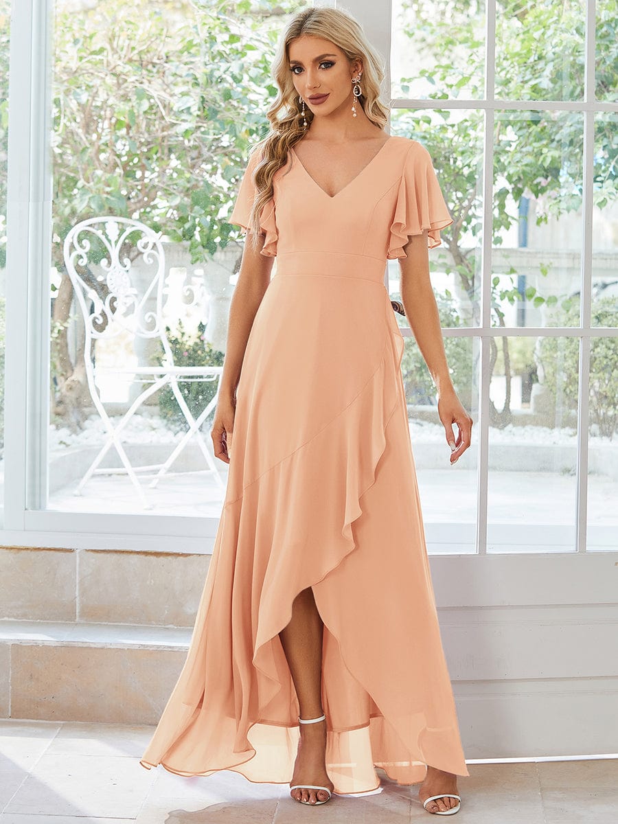 Simple Ruffles Sleeves V-Neck Chiffon Bridesmaid Dress