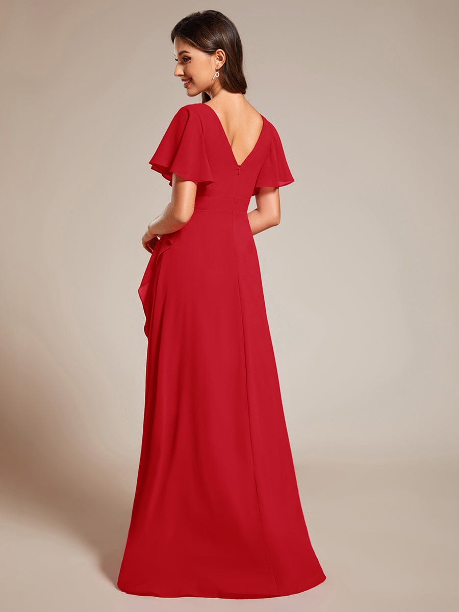 Simple Ruffles Sleeves V-Neck Chiffon Bridesmaid Dress