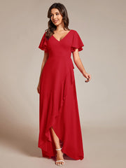 Simple Ruffles Sleeves V-Neck Chiffon Bridesmaid Dress