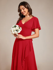 Simple Ruffles Sleeves V-Neck Chiffon Bridesmaid Dress