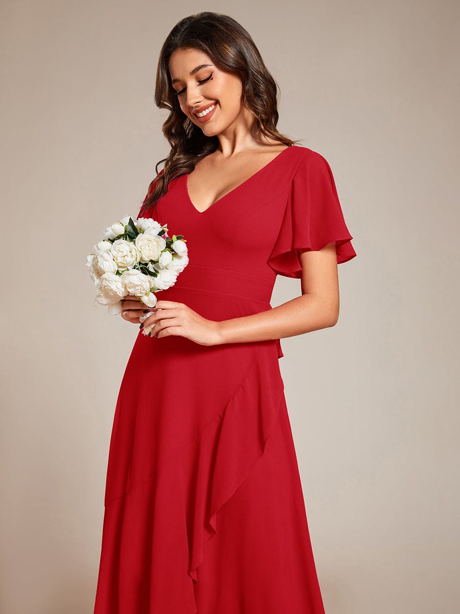 Simple Ruffles Sleeves V-Neck Chiffon Bridesmaid Dress