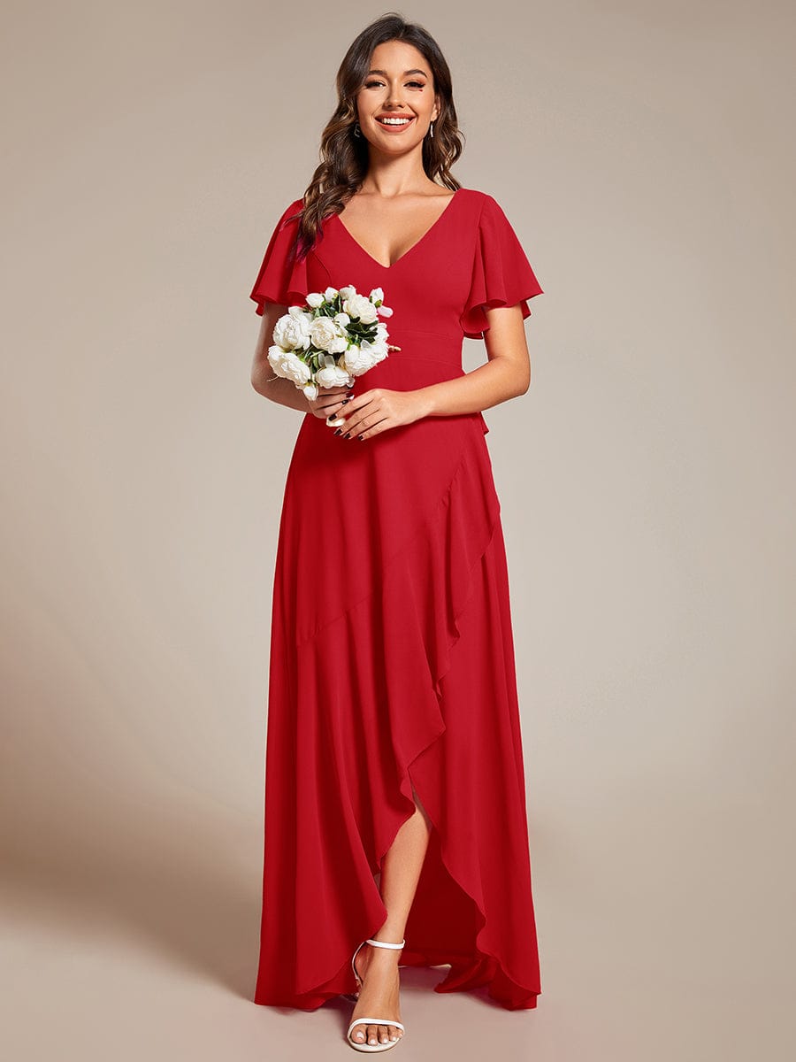 Simple Ruffles Sleeves V-Neck Chiffon Bridesmaid Dress