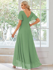 Simple Ruffles Sleeves V-Neck Chiffon Bridesmaid Dress