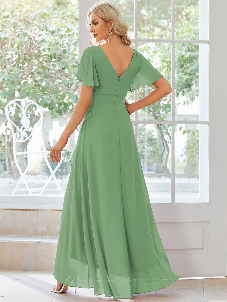 Simple Ruffles Sleeves V-Neck Chiffon Bridesmaid Dress