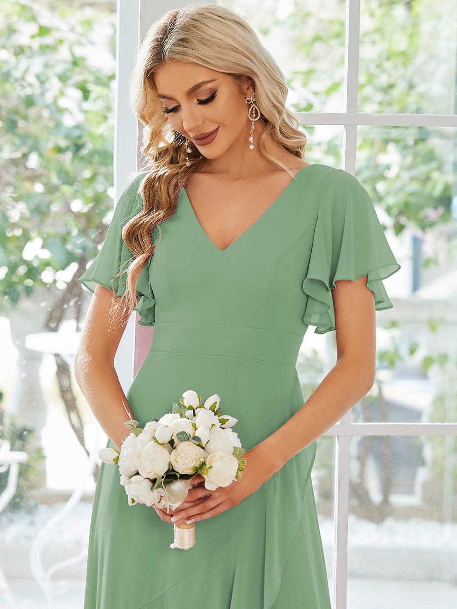 Simple Ruffles Sleeves V-Neck Chiffon Bridesmaid Dress