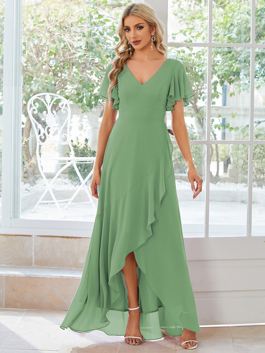 Simple Ruffles Sleeves V-Neck Chiffon Bridesmaid Dress
