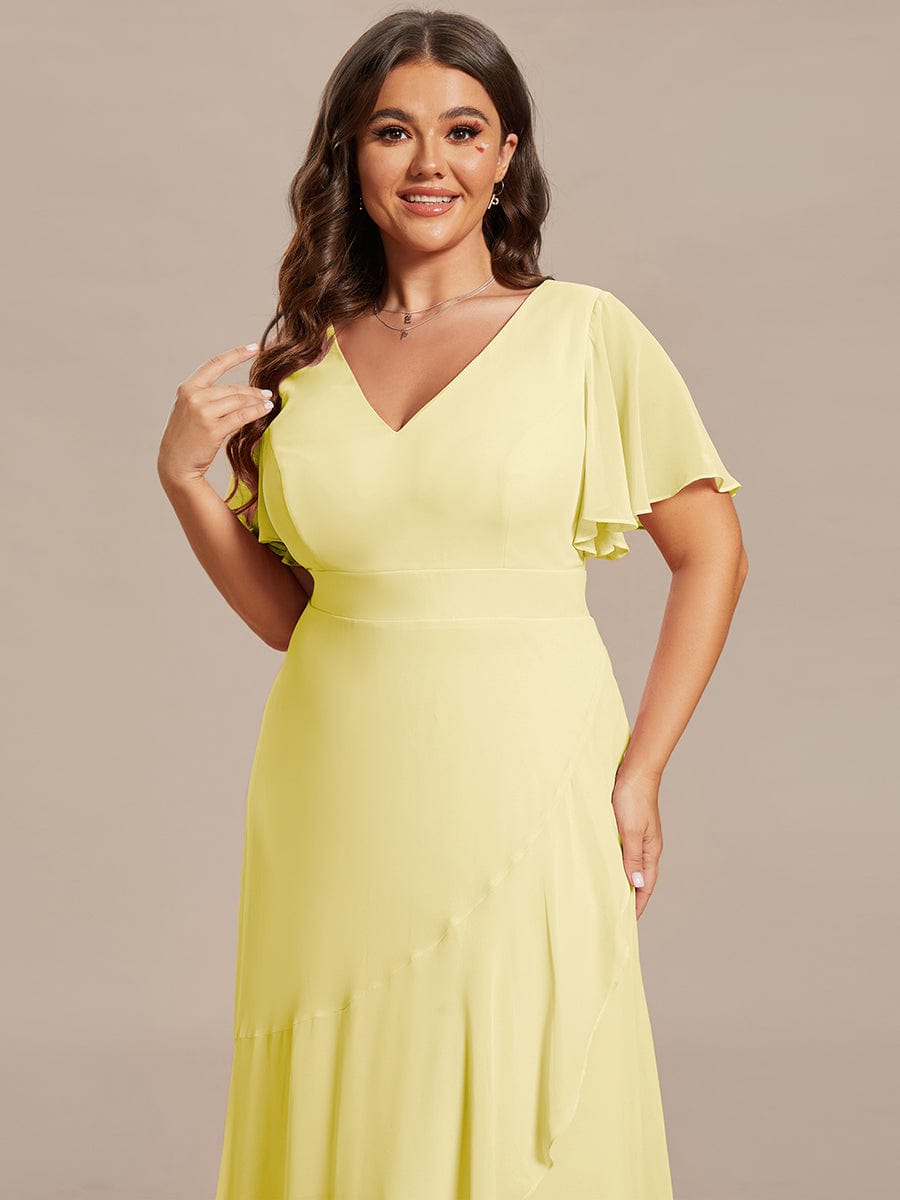 Simple Ruffles Sleeves V-Neck Chiffon Bridesmaid Dress