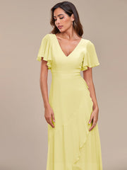 Simple Ruffles Sleeves V-Neck Chiffon Bridesmaid Dress