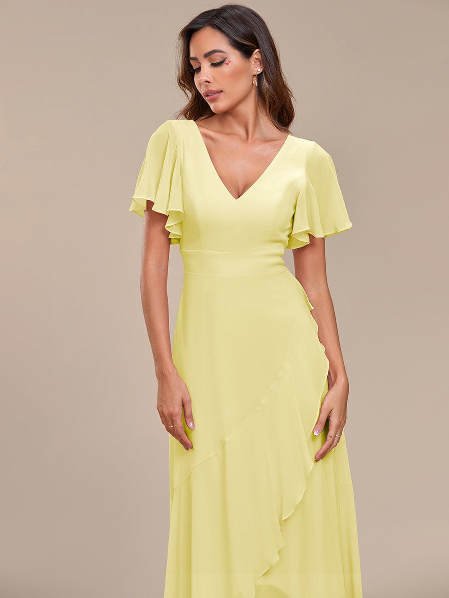 Simple Ruffles Sleeves V-Neck Chiffon Bridesmaid Dress