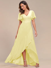 Simple Ruffles Sleeves V-Neck Chiffon Bridesmaid Dress