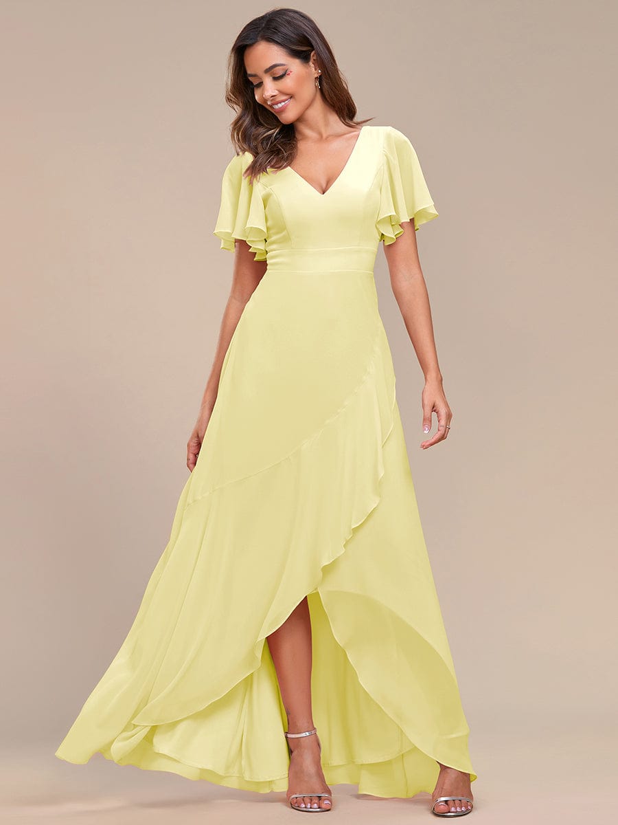 Simple Ruffles Sleeves V-Neck Chiffon Bridesmaid Dress