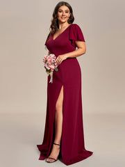 Flattering Plus Size Short Sleeves A-Line Bridesmaid Dress with Slit