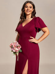 Flattering Plus Size Short Sleeves A-Line Bridesmaid Dress with Slit