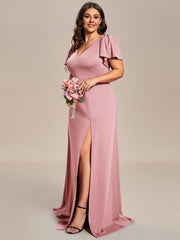 Flattering Plus Size Short Sleeves A-Line Bridesmaid Dress with Slit