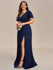 Flattering Plus Size Short Sleeves A-Line Bridesmaid Dress with Slit