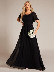 Classic Chiffon Pleated A-Line Bridesmaid Dress with Short Sleeves