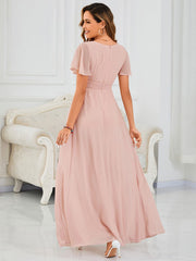 Classic Chiffon Pleated A-Line Bridesmaid Dress with Short Sleeves