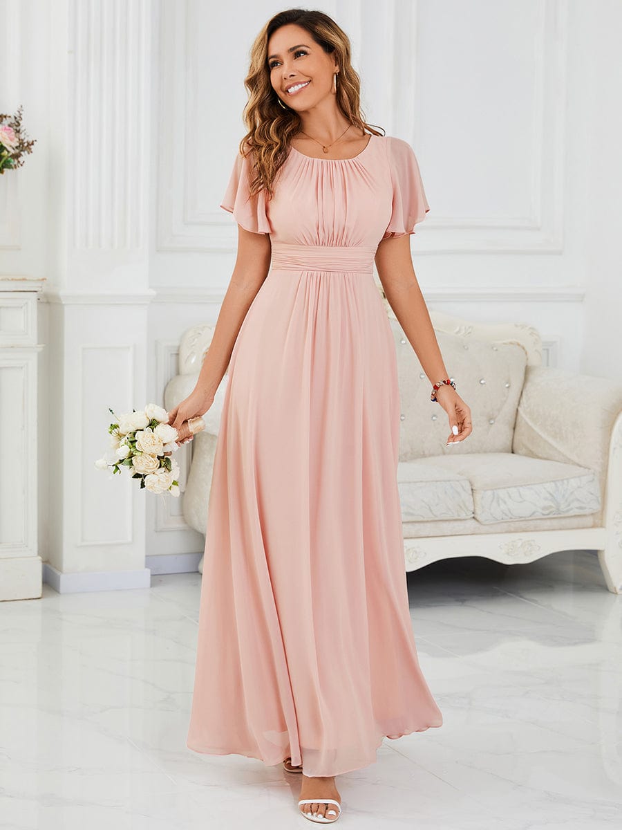 Classic Chiffon Pleated A-Line Bridesmaid Dress with Short Sleeves