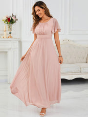 Classic Chiffon Pleated A-Line Bridesmaid Dress with Short Sleeves