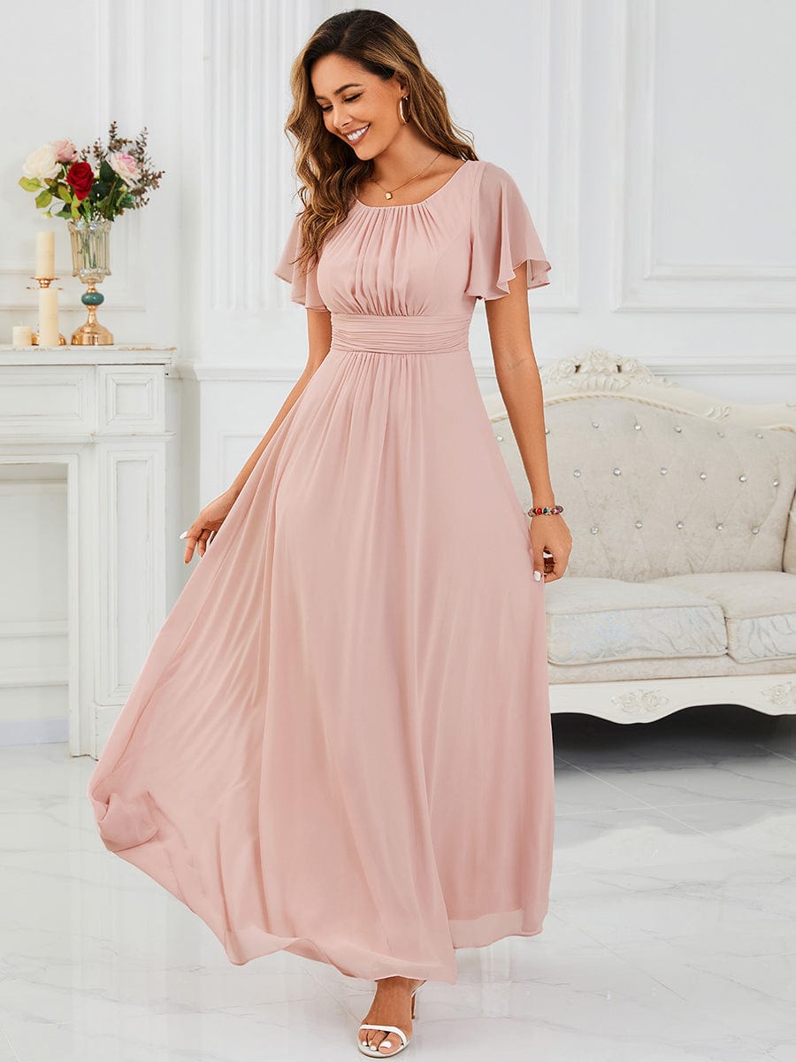Classic Chiffon Pleated A-Line Bridesmaid Dress with Short Sleeves