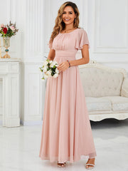 Classic Chiffon Pleated A-Line Bridesmaid Dress with Short Sleeves