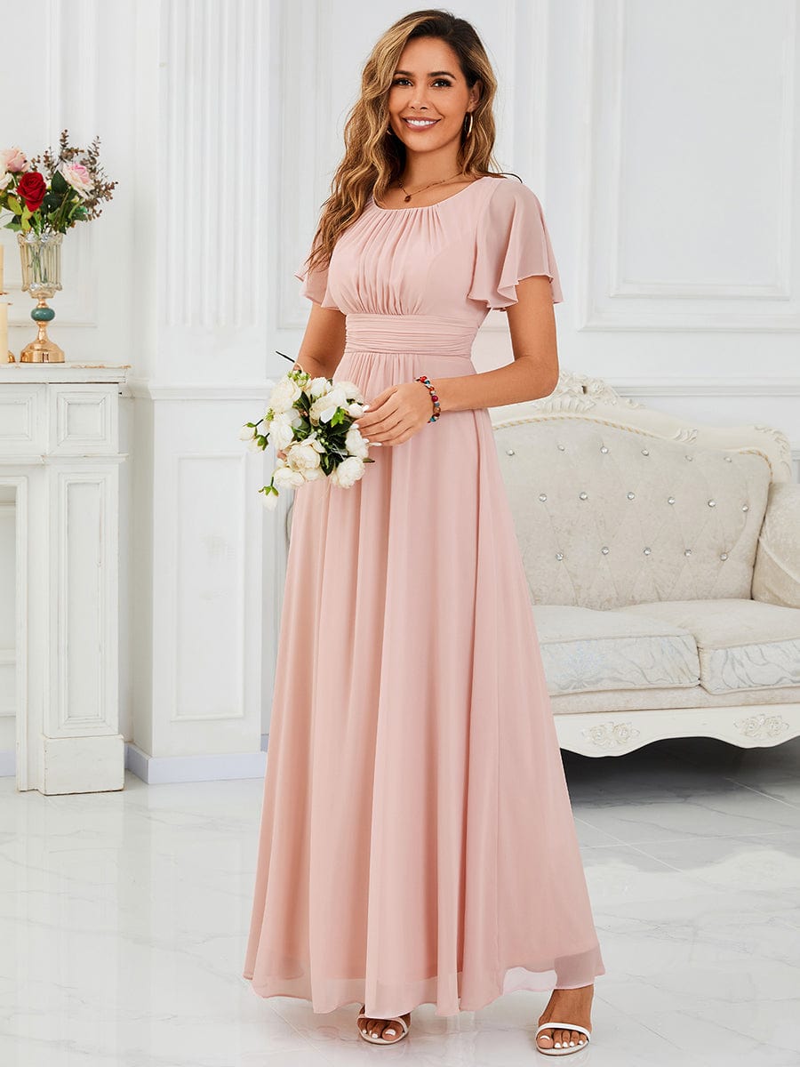Classic Chiffon Pleated A-Line Bridesmaid Dress with Short Sleeves
