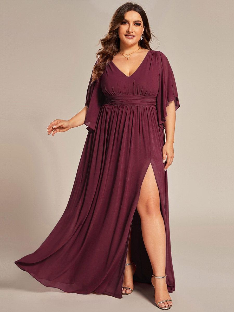 Feminine Plus Size A-Line V-Neck Chiffon Bridesmaid Dress with Half Sleeves