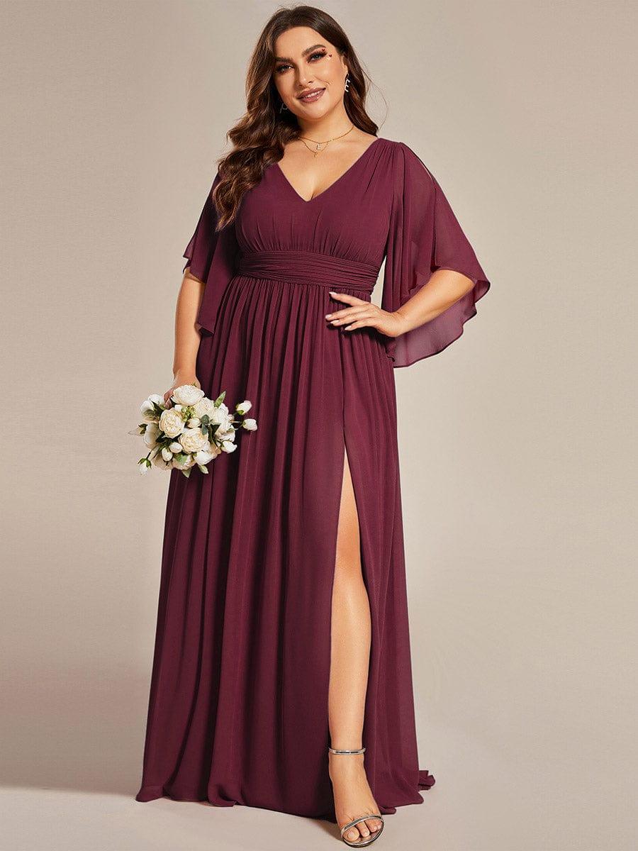 Feminine Plus Size A-Line V-Neck Chiffon Bridesmaid Dress with Half Sleeves