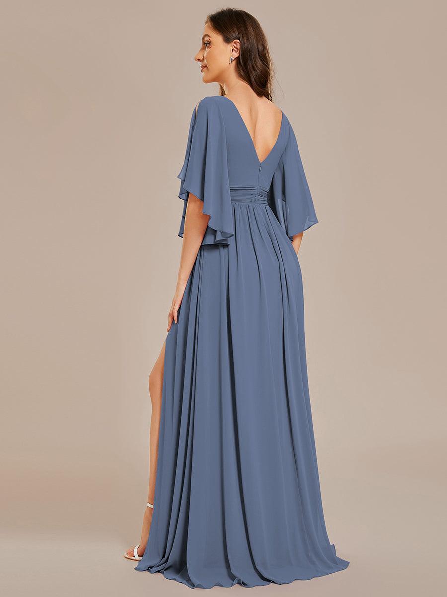 Lovely Half Sleeves V-Neck A-Line Chiffon Bridesmaid Dress with Slit