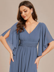Lovely Half Sleeves V-Neck A-Line Chiffon Bridesmaid Dress with Slit