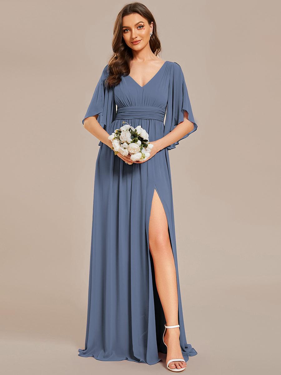 Lovely Half Sleeves V-Neck A-Line Chiffon Bridesmaid Dress with Slit