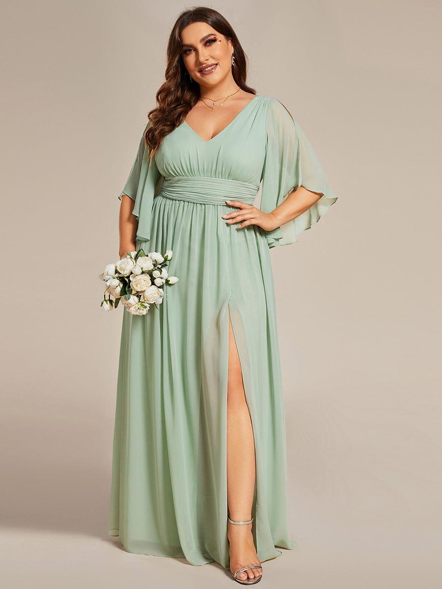 Feminine Plus Size A-Line V-Neck Chiffon Bridesmaid Dress with Half Sleeves