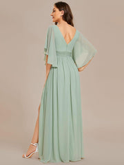 Lovely Half Sleeves V-Neck A-Line Chiffon Bridesmaid Dress with Slit